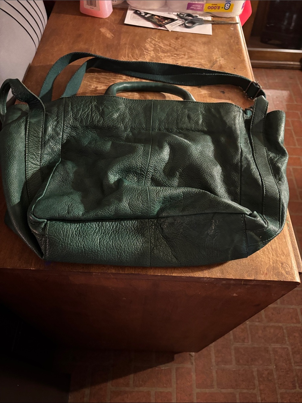 Free People Dark Green Leather Messenger Bag with Adjustable Strap